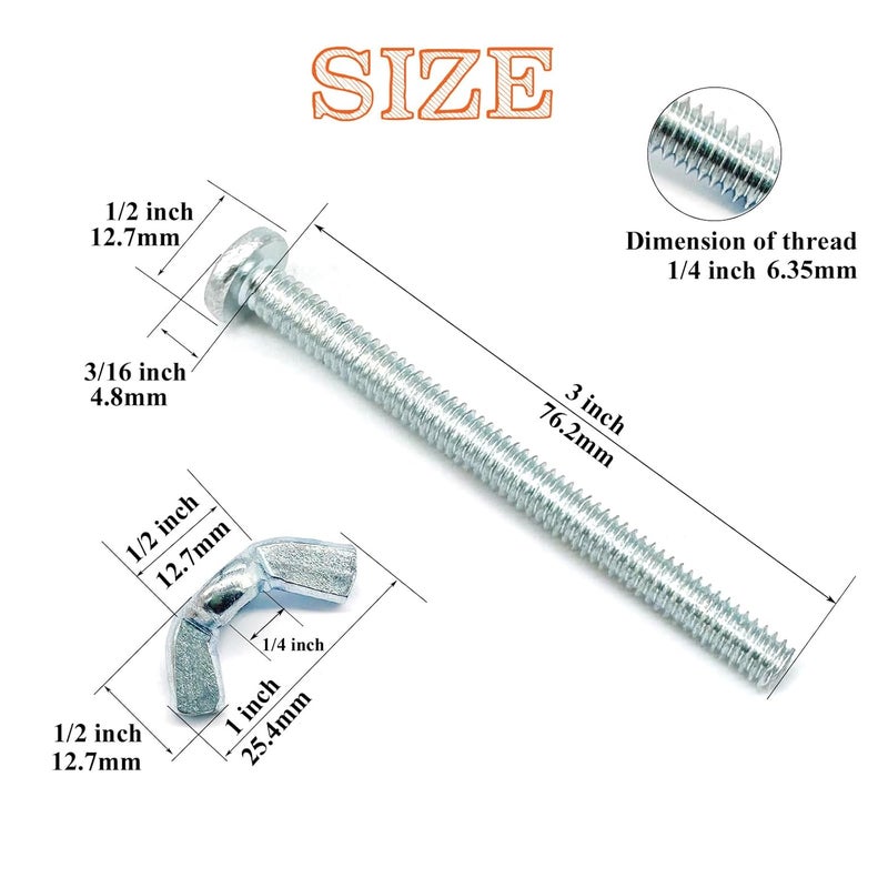 Matrelt 20Pack 1/4"-20 x3 Screw Bolts and Wing Nut Kit 10pcs Machine Screws with Round Head Phillips 10pcs Butterfly Hand Twist Tighten Nut Zinc Plated Hardware Fitting Fastenings Assortment Kit - Image 2
